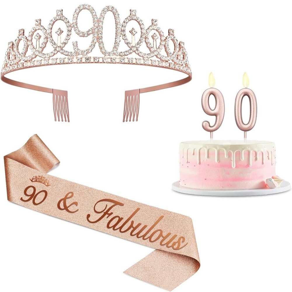 ✨ Rose Gold 90th Birthday Celebration Set – Tiara, Sash & Candles – Perfect Gift